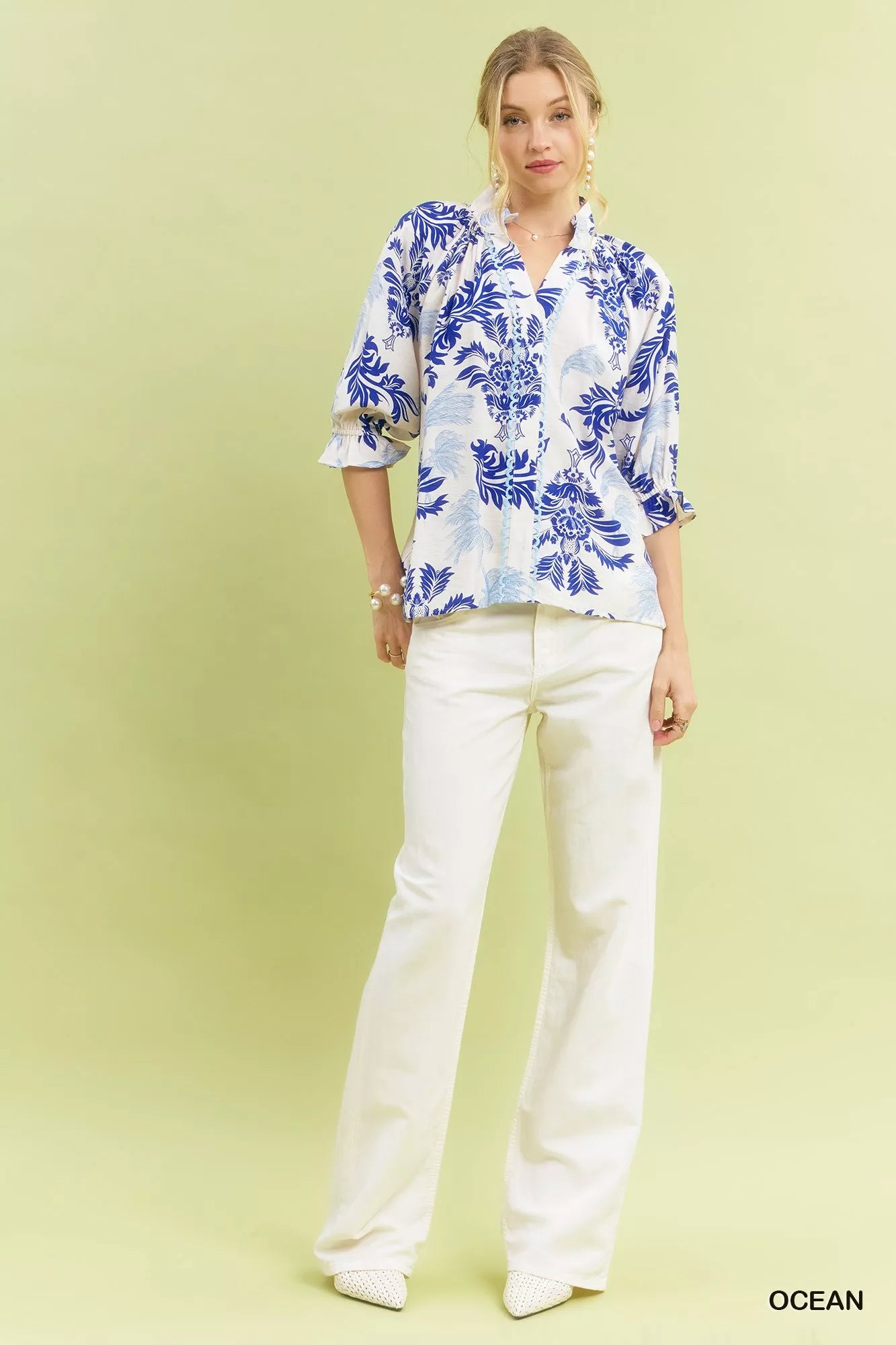 Umgee Leafy Damask Print Blouse with Contrast Scalloped Trim Detail | Blouses Daverri Fashions