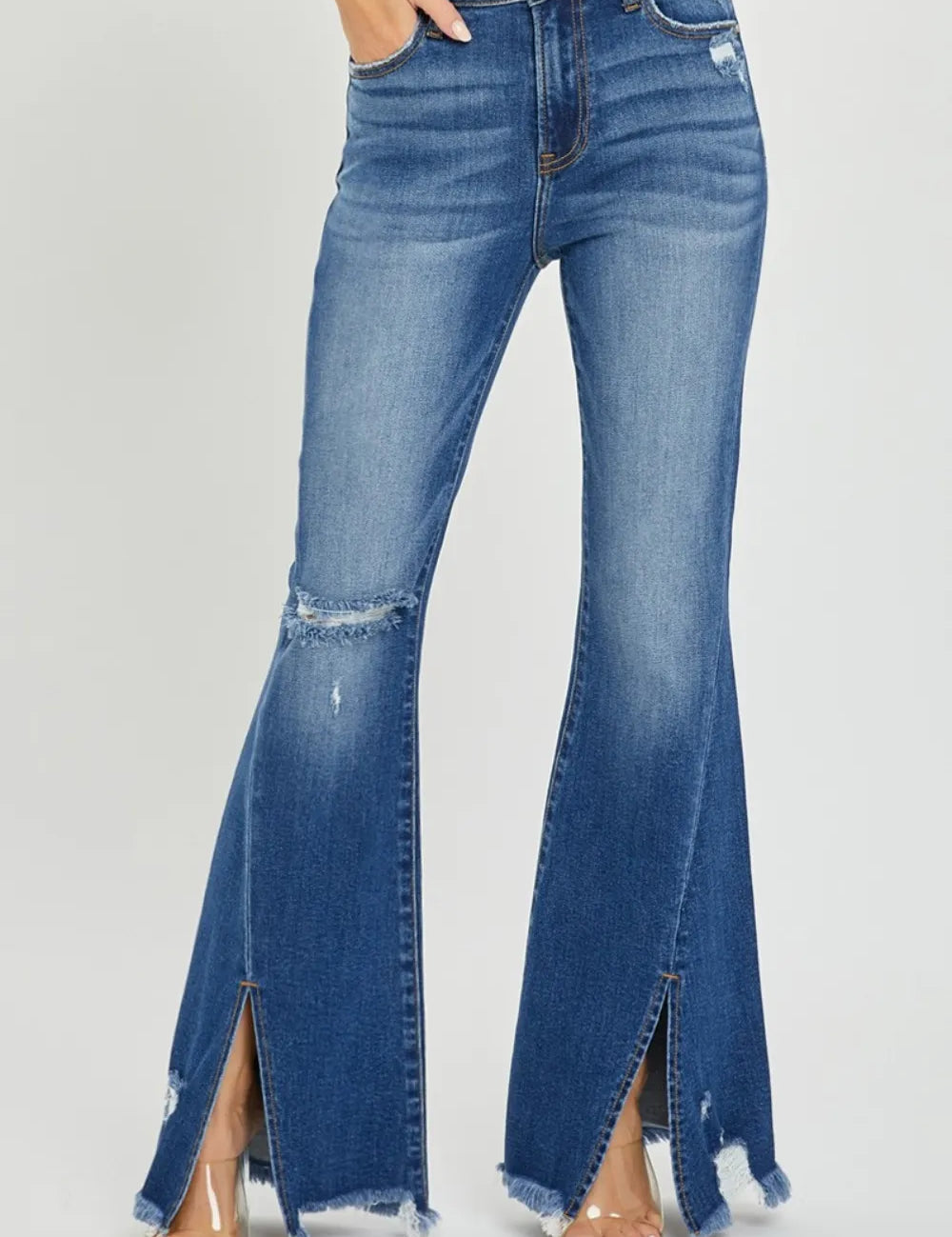 Dark RISEN Full Size High Rise Front Slit Frayed Hem Flare Jeans | Jeans Daverri Fashions