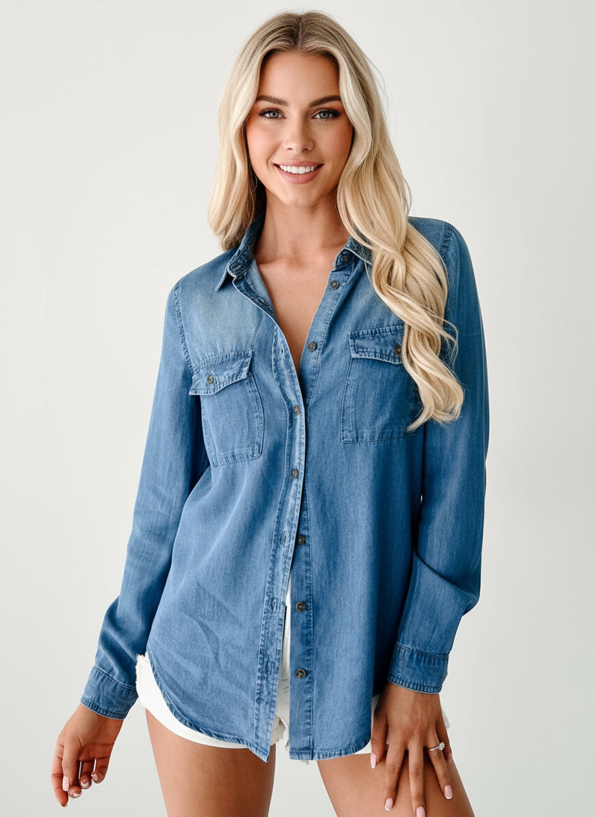 Button-Down Collared Neck Denim Shirt | Shirts Daverri Fashions