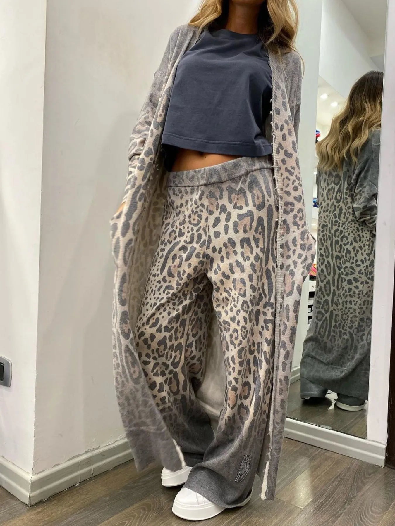 Color Long Sleeve Leopard Print Longline Top and Pants Set | Loungewear Sets Daverri Fashions