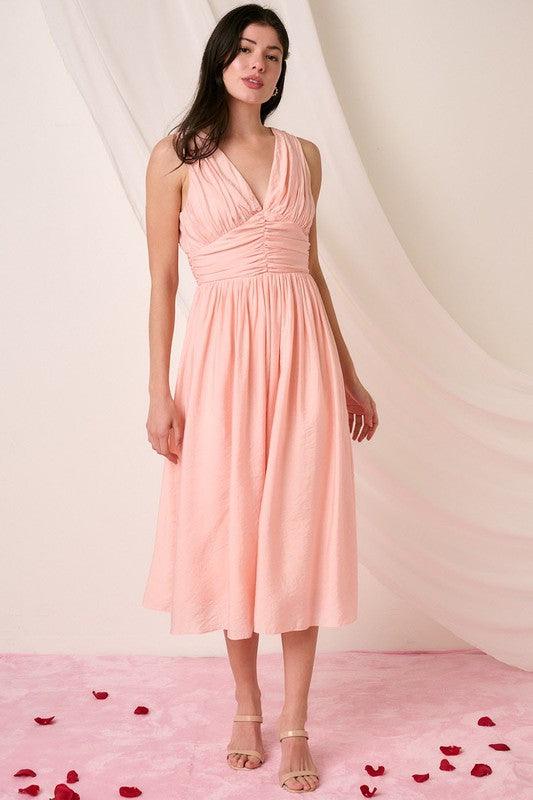 Mittoshop Ruched V-Neck Sleeveless Midi Dress | Mid Dresses Daverri Fashions