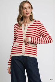 RED Umgee Striped Knit Button-Up Cardigan | Cardigans Daverri Fashions