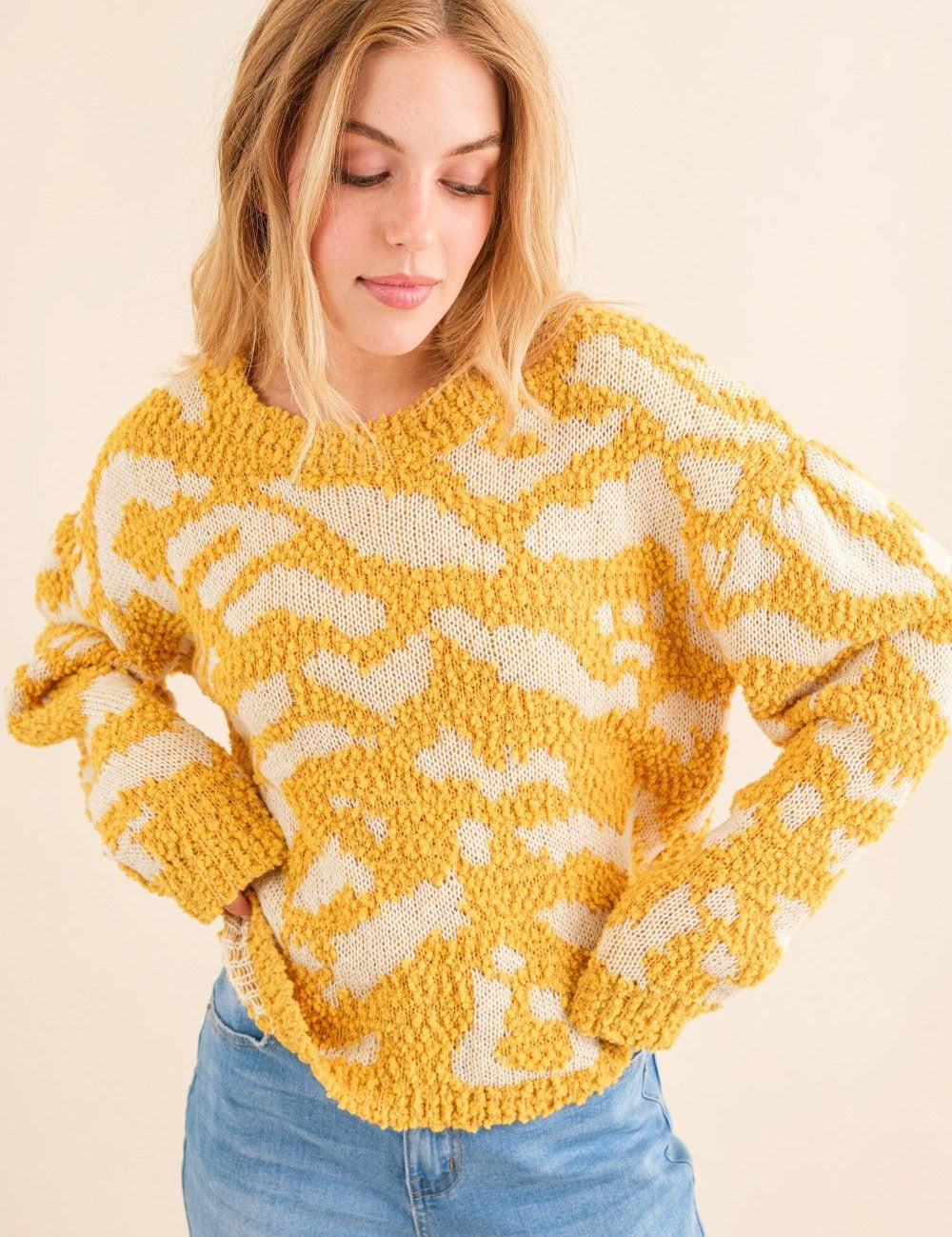 Mustard And The Why Full Size Textured Pattern Contrast Sweater | Sweaters Daverri Fashions