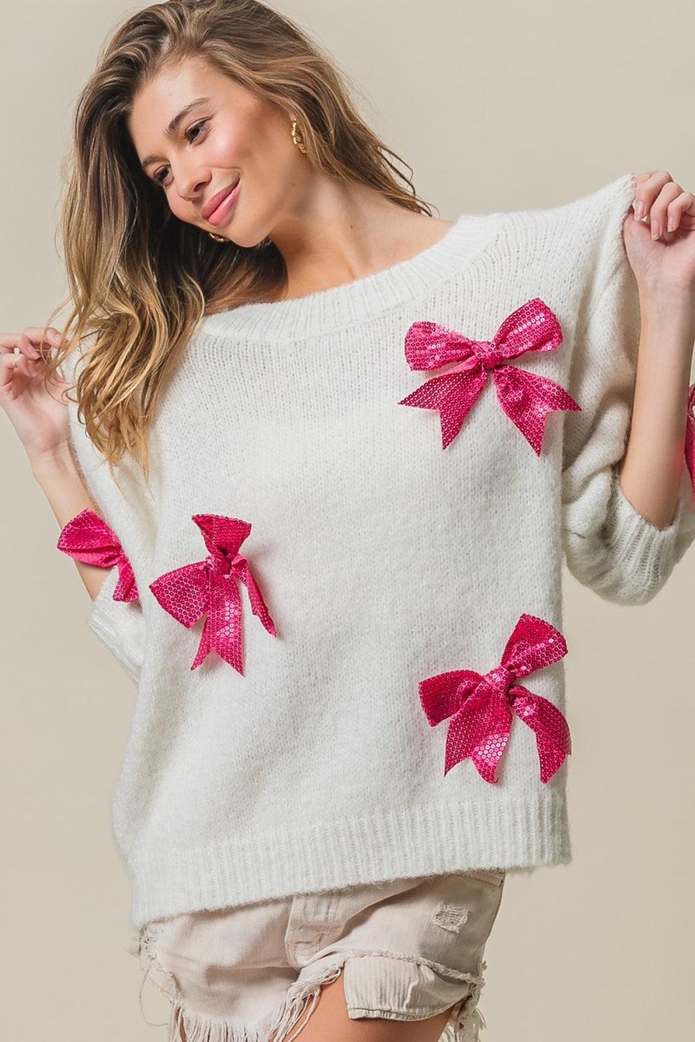 BiBi Sequin Bow Puff Sleeve Sweater | Sweaters Daverri Fashions