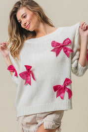 BiBi Sequin Bow Puff Sleeve Sweater | Sweaters Daverri Fashions