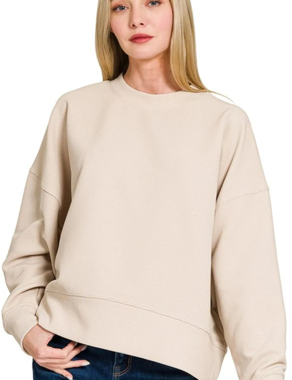 SAND BEIGE Zenana Ribbed Balloon Sleeve Sweatshirt | Daverri Fashions