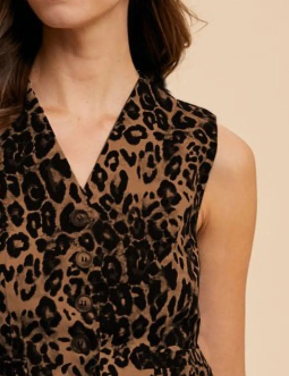 Annie Wear Stretch Leopard Denim Button Down Vest | Daverri Fashions