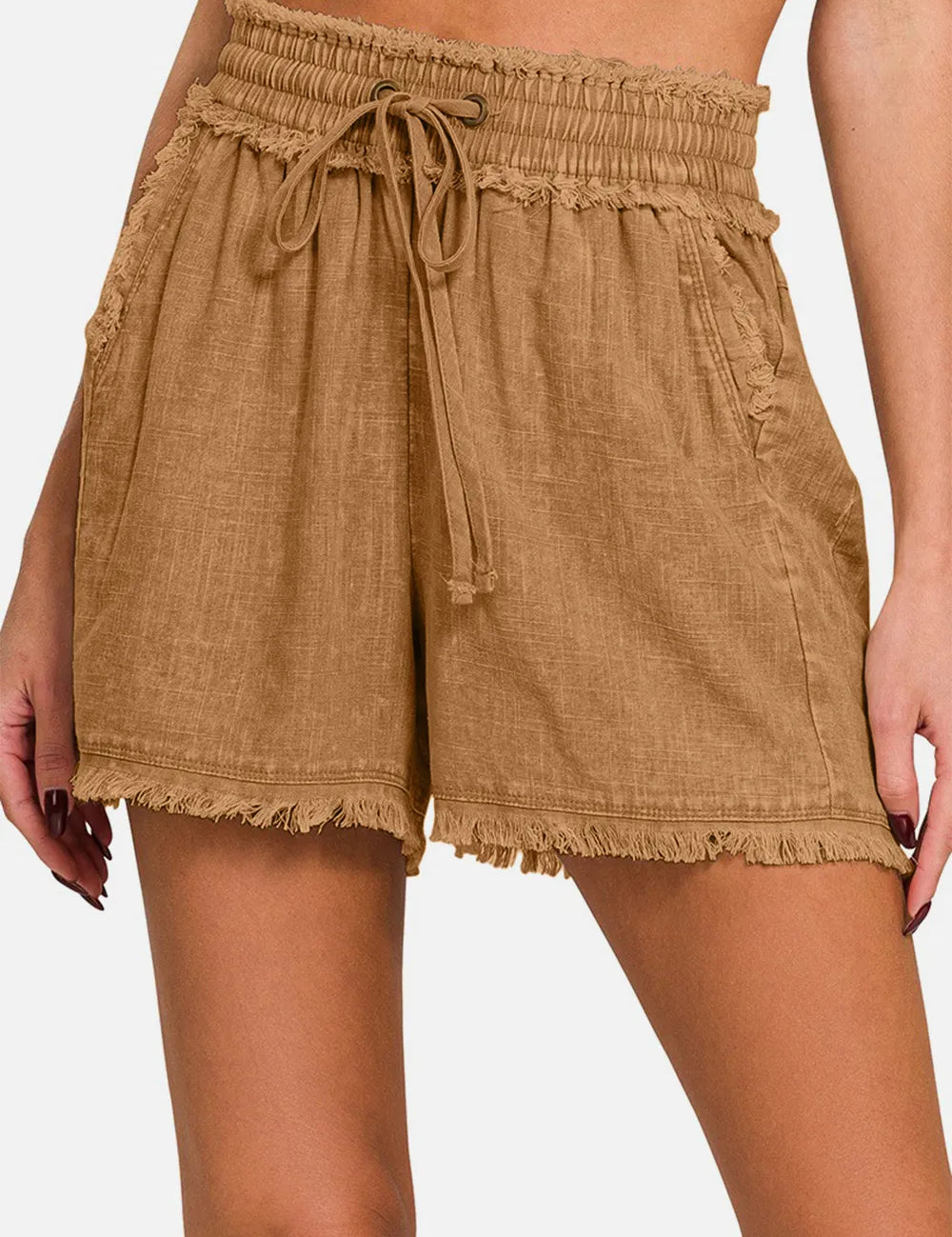 Zenana Washed Linen Frayed Hem Drawstring Shorts | Shorts Daverri Fashions