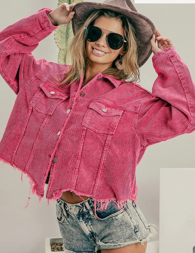 FUCHSIA BiBi Vintage Washed Corduroy Jacket | Jackets Daverri Fashions