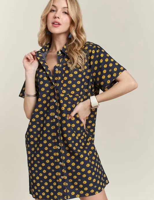 Dark ADORA Floral Button-Up Mini Denim Dress | Mini Dresses Daverri Fashions