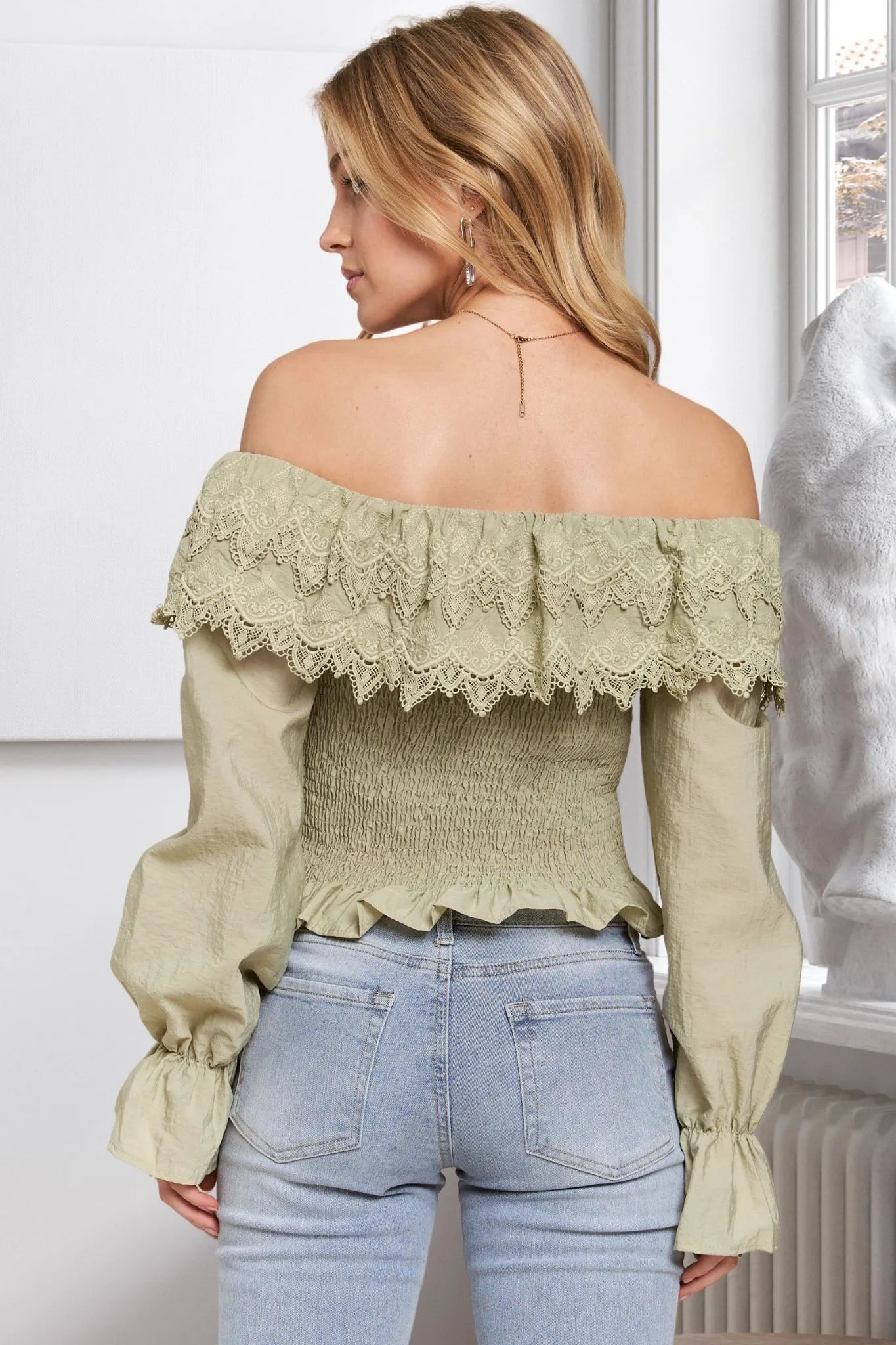 ADORA Smocking Blouse with Eyelet Lace Ruffle | Daverri Fashions