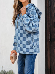 Checkered Half Zip Denim Hoodie Top | Hoodies Daverri Fashions