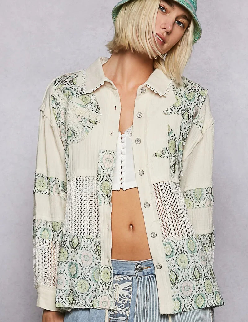 Gum Leaf L POL Printed Crochet Patchwork Button-Up Shirt | Shirt Daverri Fashions