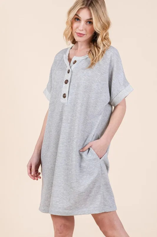 BOMBOM Casual Contrast Trim Henley Dress | Daverri Fashions