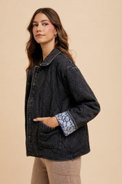 Annie Wear Quilted Printed Lining Snap Down Denim Jacket | Tops Daverri Fashions