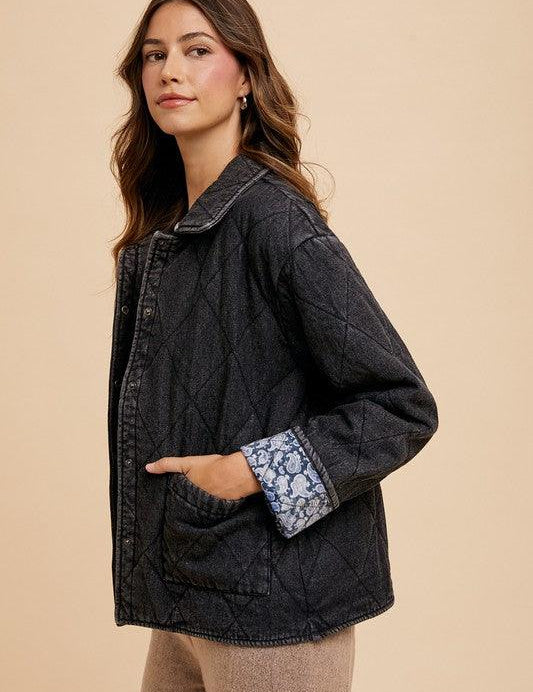 Annie Wear Quilted Printed Lining Snap Down Denim Jacket | Tops Daverri Fashions