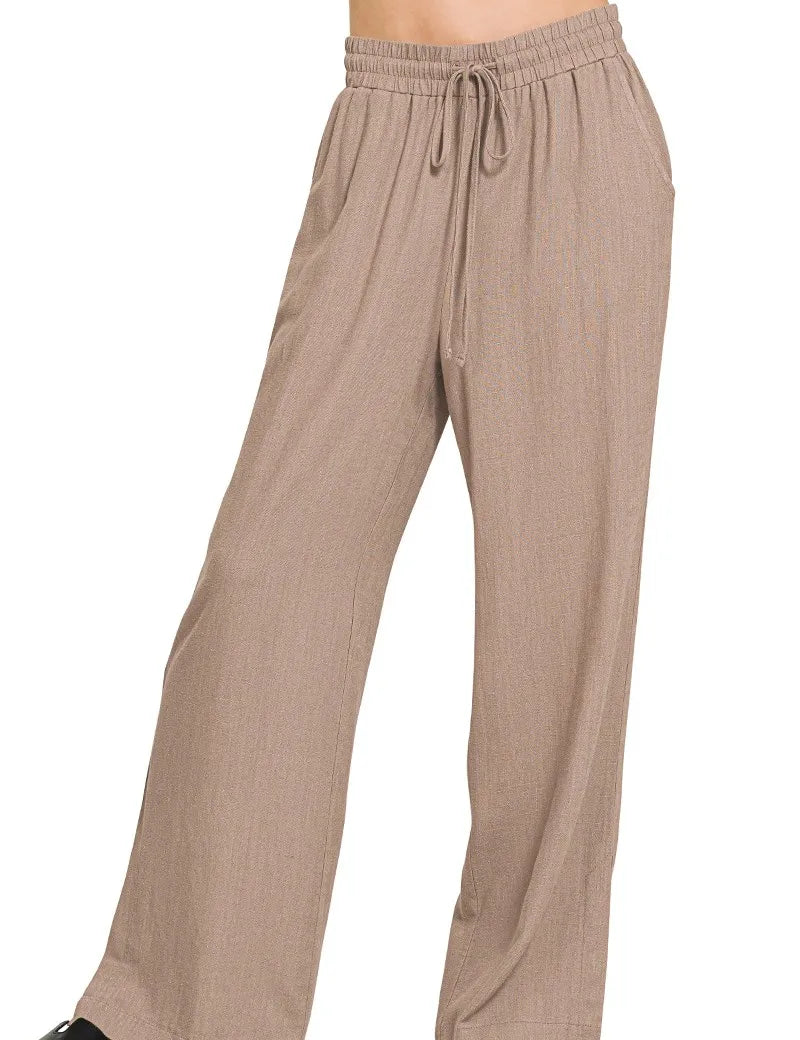 COCOA Zenana Linen Drawstring Pants Cocoa | Pants Daverri Fashions