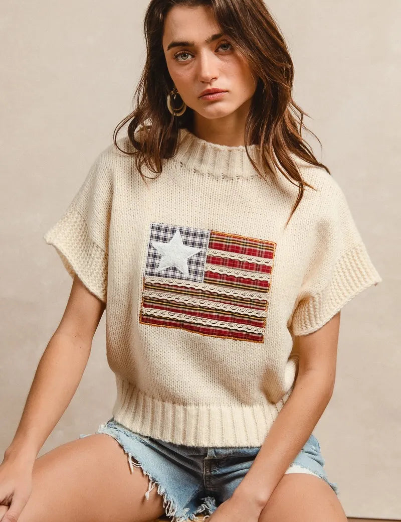 OATMEAL BiBi American Flag Patchwork Drop Shoulder Sweater | Sweaters Daverri Fashions