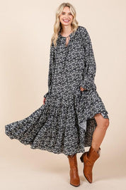 Mittoshop Printed Tie Neck Flounce Sleeve Midi Dress | Mid Dresses Daverri Fashions