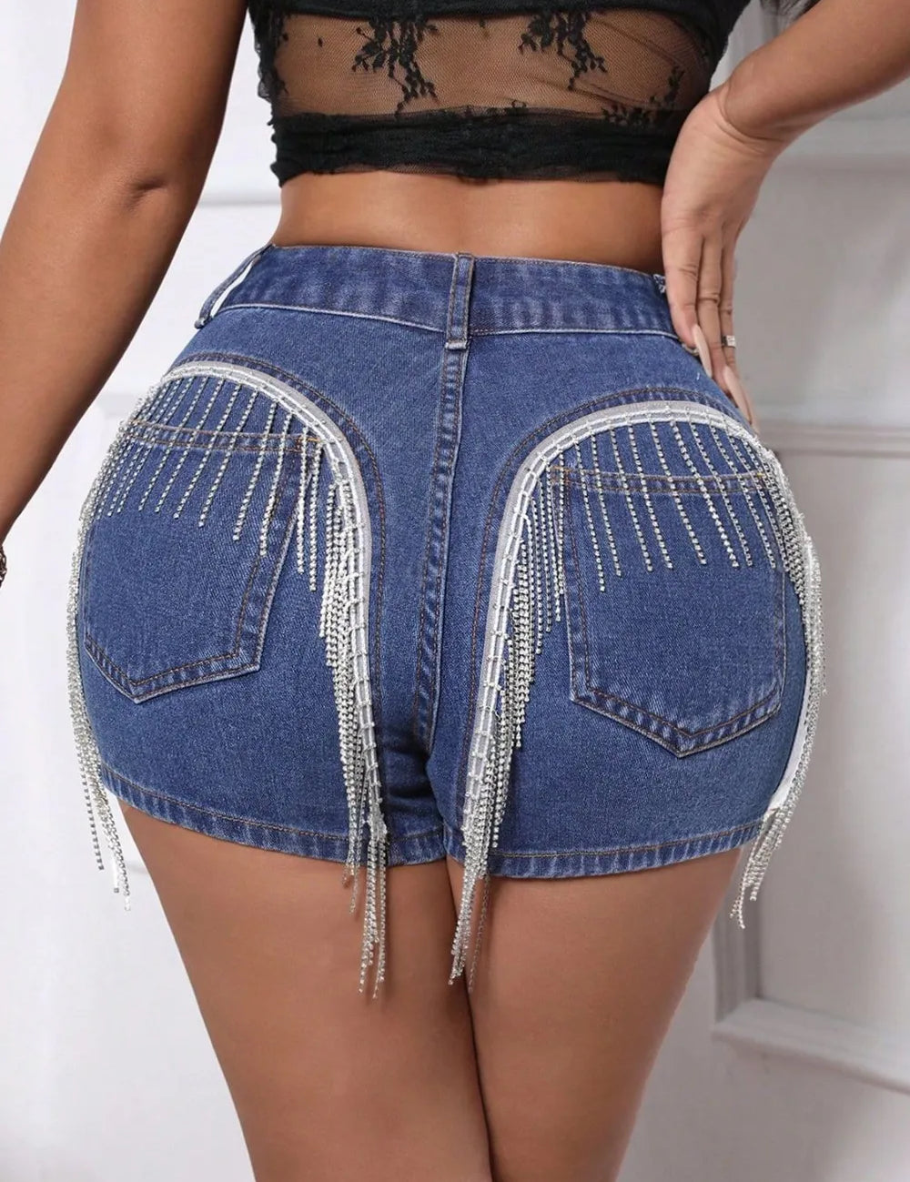 Fringe Back Denim Shorts with Pockets | Shorts Daverri Fashions