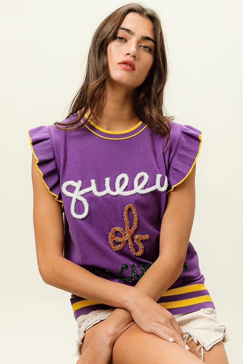 BiBi Queen Of Mardi Ruffled Armhole Sleeveless Knit Top | Knit Tops Daverri Fashions