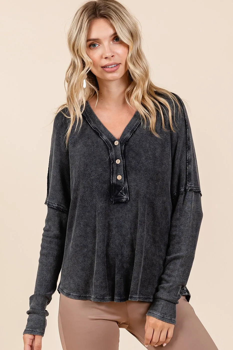 Mittoshop Washed V-Neck Long Sleeve Blouse | Daverri Fashions