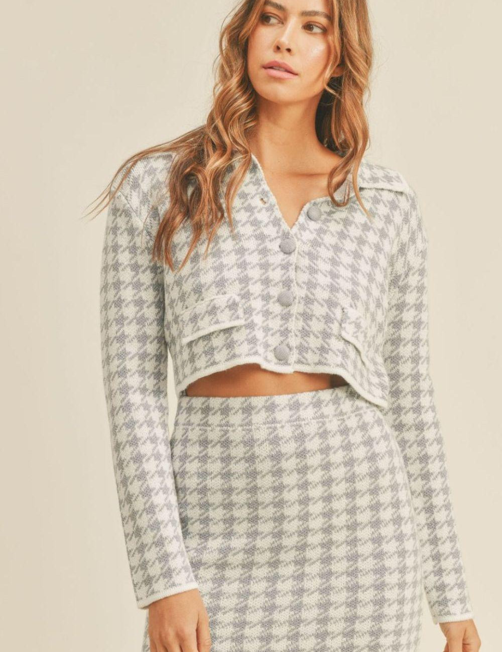 Blue MABLE Houndstooth Cropped Knit Cardigan and Mini Skirt Set | Outfit Sets Daverri Fashions
