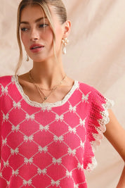 SO ME Bow Ribbon Pattern Sweater Top with Back Key Hole | Sweaters Daverri Fashions
