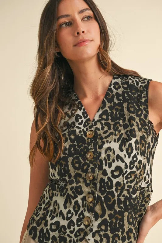 Annie Wear Stretch Leopard Denim Button Down Vest | Daverri Fashions