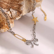 Two-Tone Stainless Steel Bow Star Necklace | Necklaces Daverri Fashions