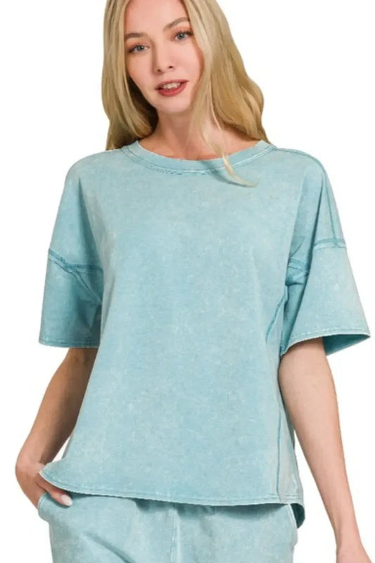 Zenana Acid Washed Short Sleeve Tee & Shorts Set - DAVERRI FASHIONS