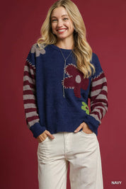 Navy Umgee Flower Jacquard Striped Long Sleeve Sweater | Sweaters Daverri Fashions