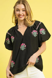 Black Umgee Floral Embroidered Puff Sleeve Blouse | Daverri Fashions