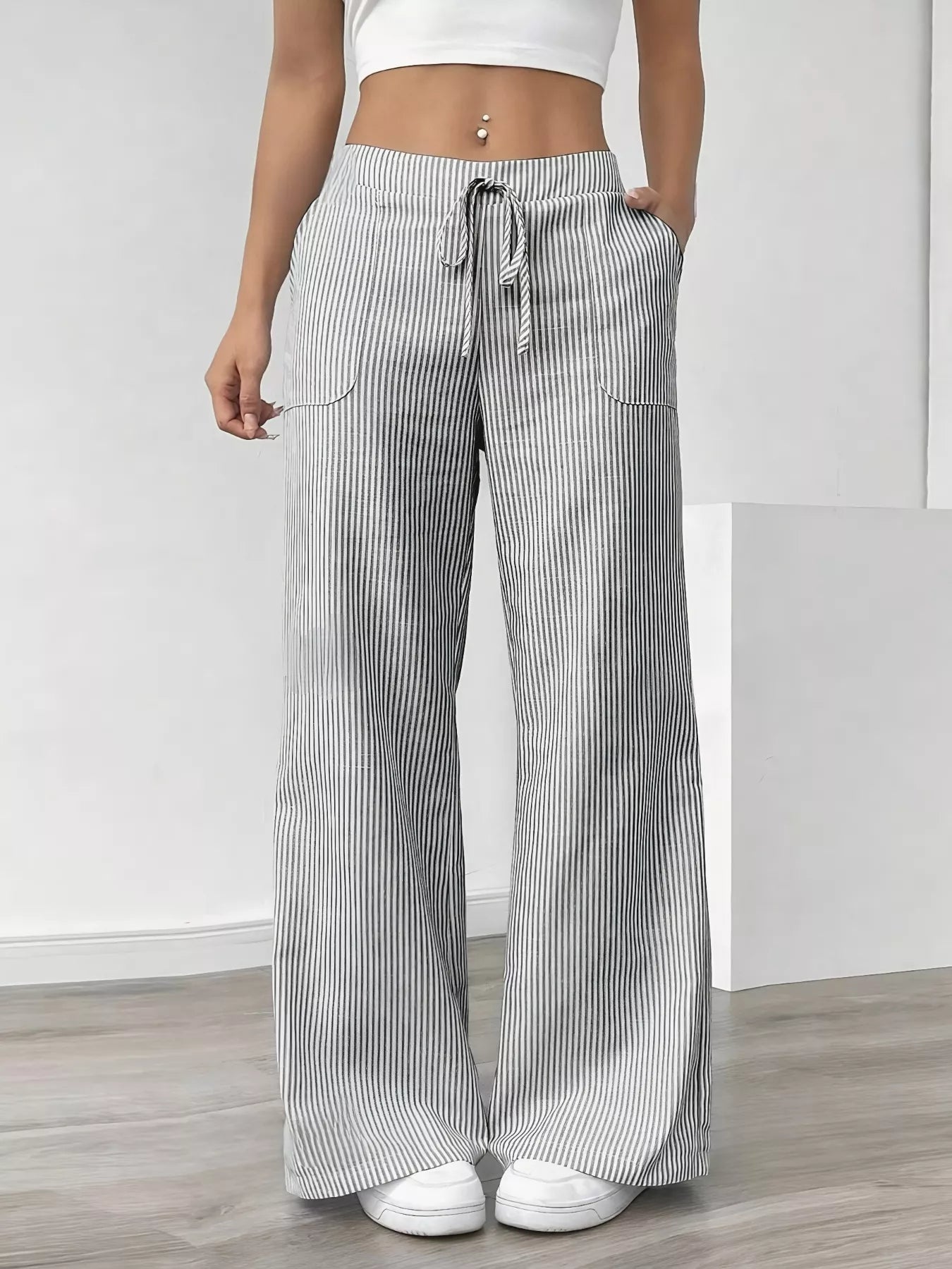 Gray Striped Wide Leg Pants | Pants Daverri Fashions