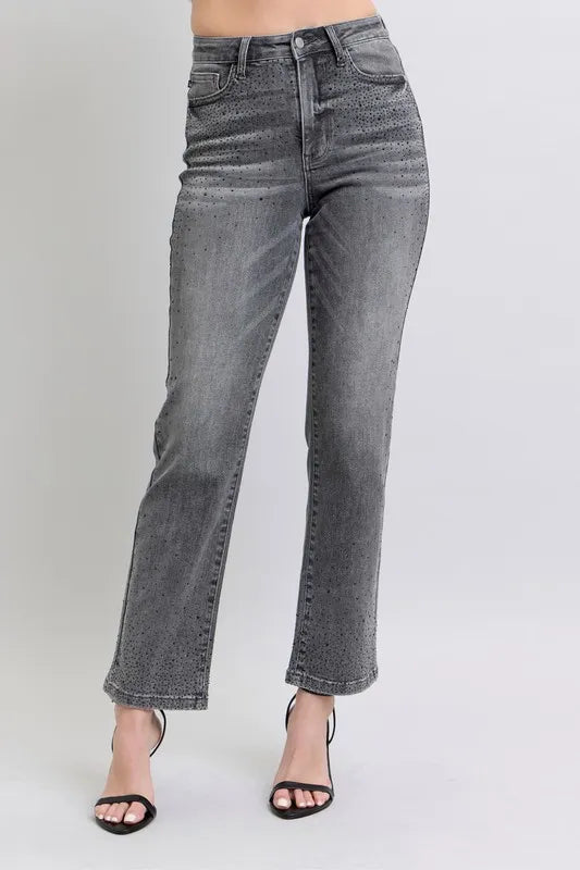 Judy Blue Full Size High Waist Rhinestone Straight Jeans Plus Size | Daverri Fashions