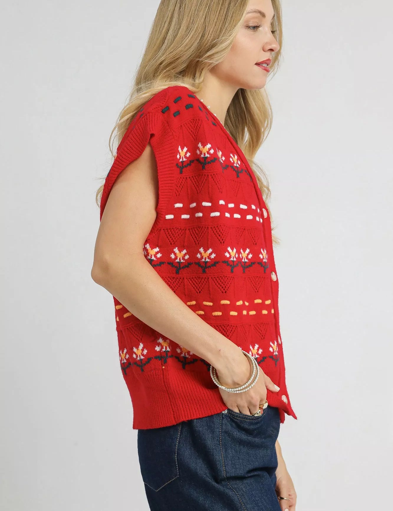 Umgee Button-Down Knit Vest with Floral Pattern | Daverri Fashions