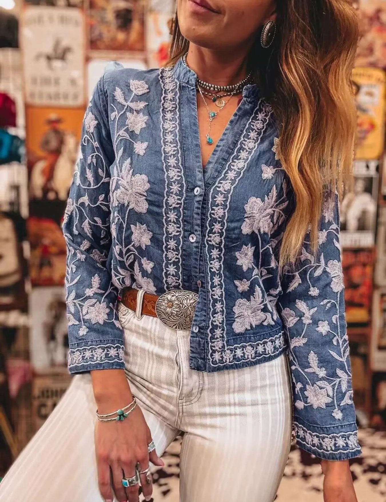 Medium Floral Embroidered Button Up Denim Shirt | Shirts Daverri Fashions
