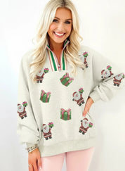 Light Gray Christmas Striped Patchwork Zip Neck Sequin Santa Gift Sweatshirt | Sweatshirts Daverri Fashions