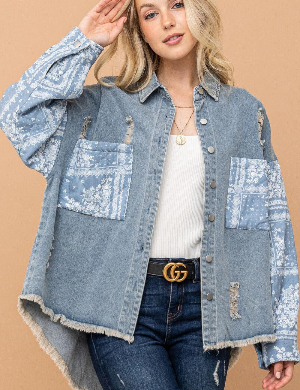 Lt.Denim And The Why Full Size Paisley Print Quilted Sleeves Denim Jacket | Daverri Fashions