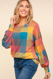 Haptics Round Neck Color Block Plaid Top | Tops Daverri Fashions