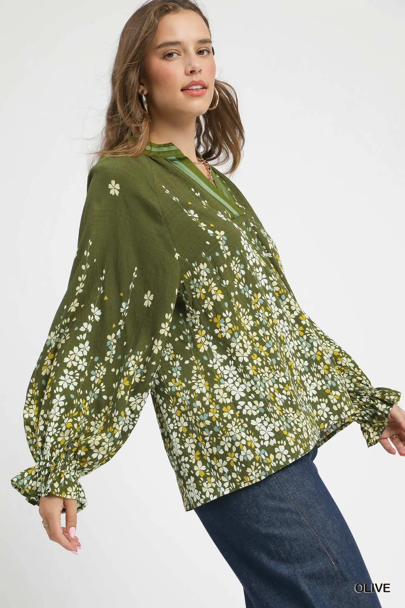 Umgee Floral Vine Print Blouse with Balloon Sleeves | Blouses Daverri Fashions