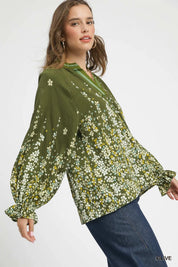 Umgee Floral Vine Print Blouse with Balloon Sleeves | Blouses Daverri Fashions