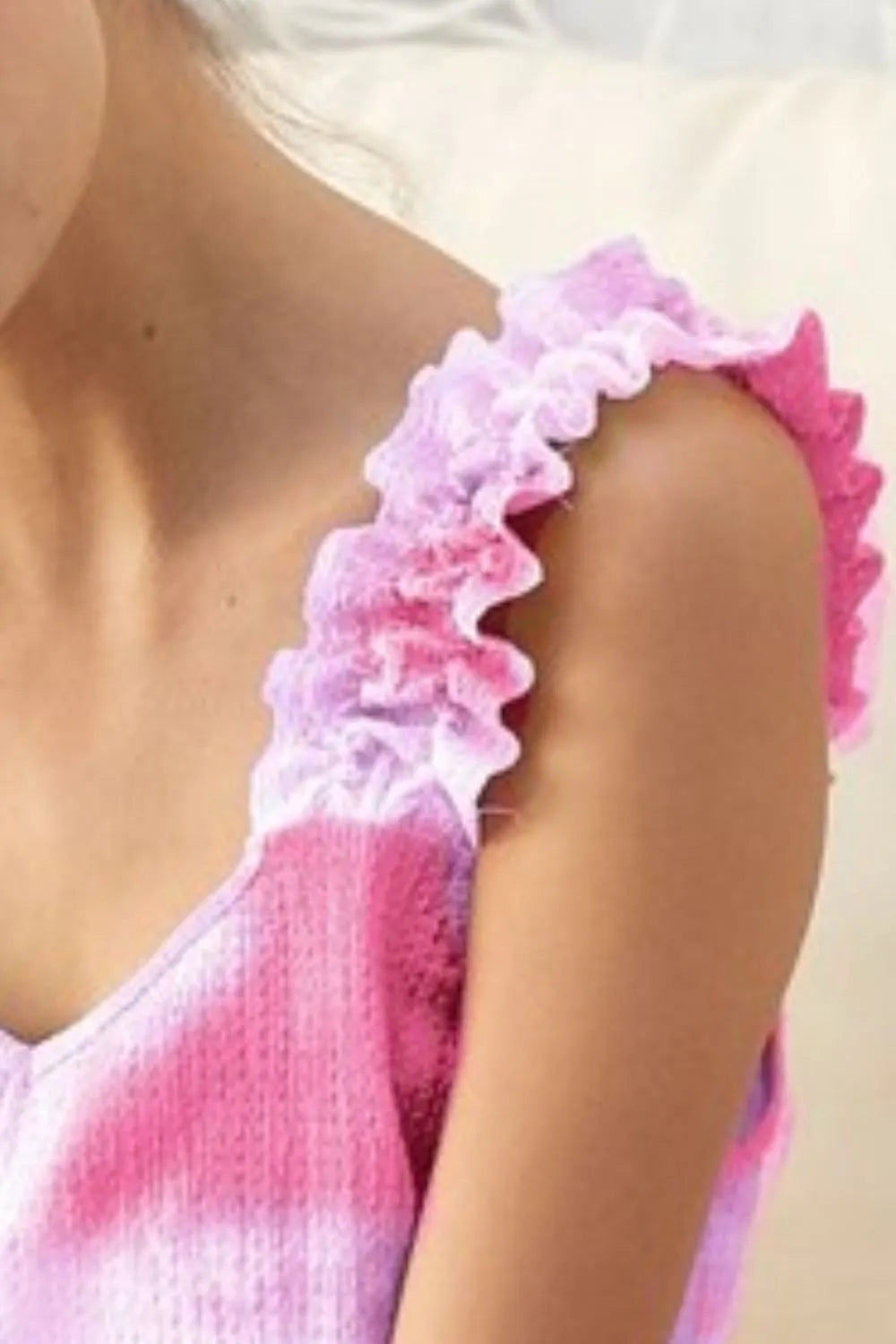 BiBi Tie Dye Printed Textured Woven Ruffled Shoulder Top | Tops Daverri Fashions
