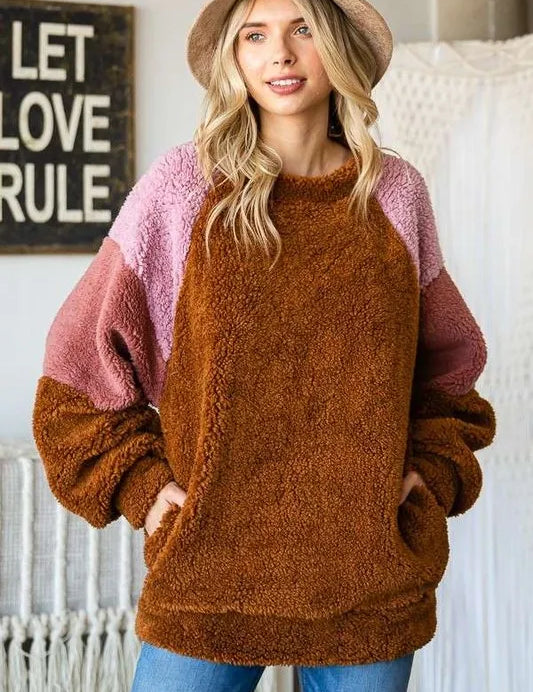 Brown Culture Code Color Block Faux Fur Raglan Sleeve Sweatshirt | Sweatshirts Daverri Fashions