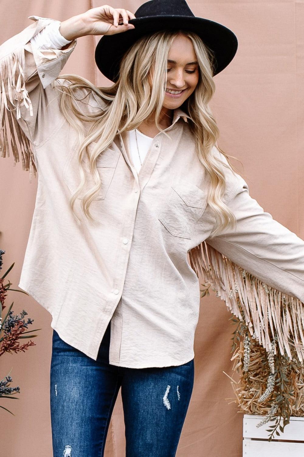 And The Why Full Size Fringe Back Detailed Button Down Shacket | Daverri Fashions