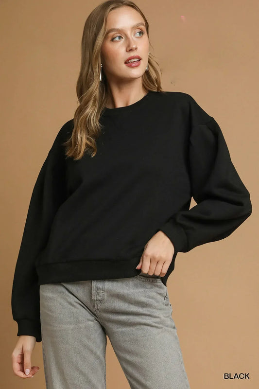 Umgee Round Neck Sweatshirt with Pleated Detail - DAVERRI FASHIONS