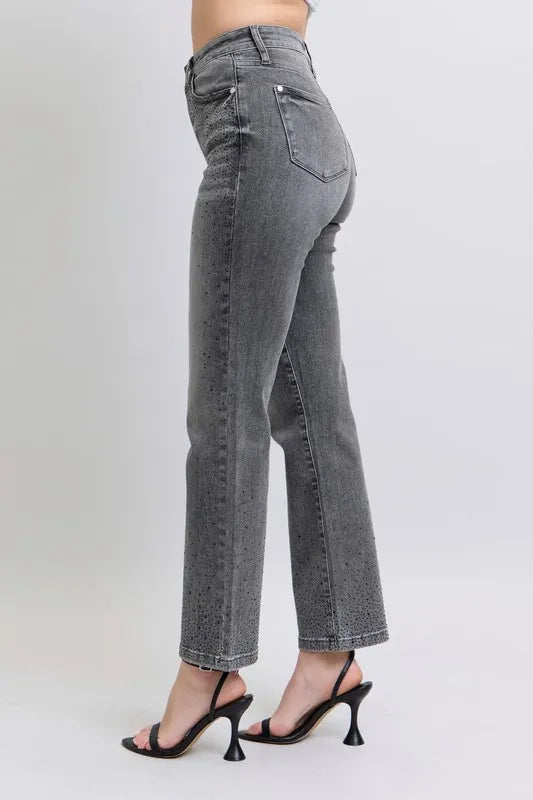 Judy Blue Full Size High Waist Rhinestone Straight Jeans Plus Size | Daverri Fashions