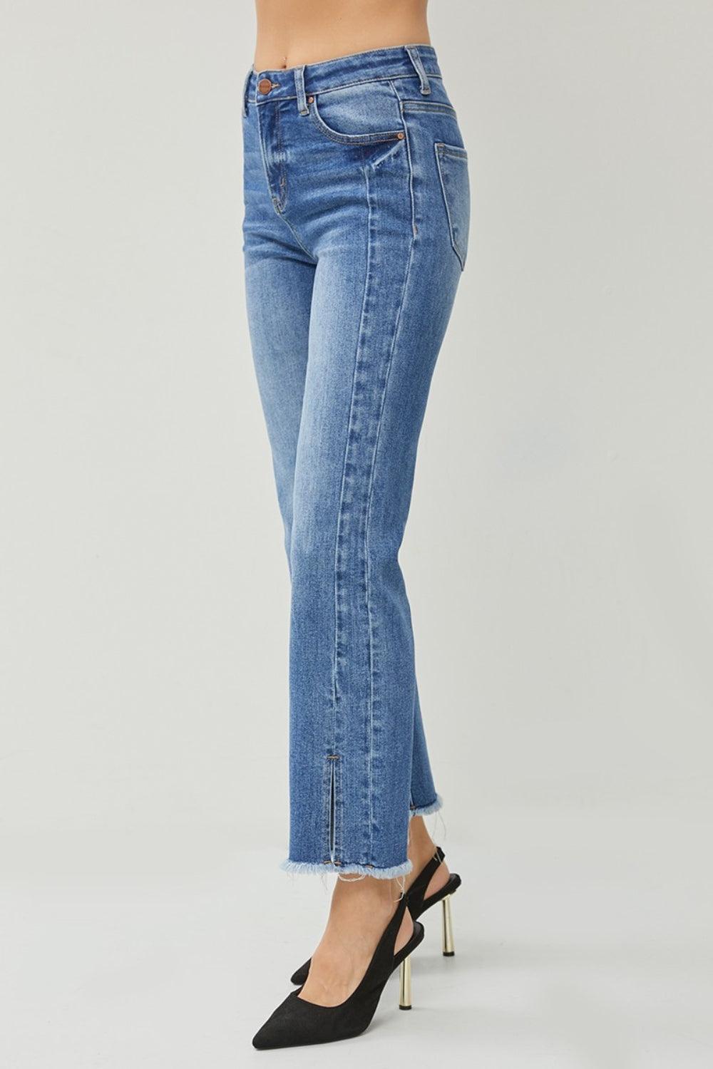 RISEN High Waist Raw Hem Slit Straight Jeans | Daverri Fashions