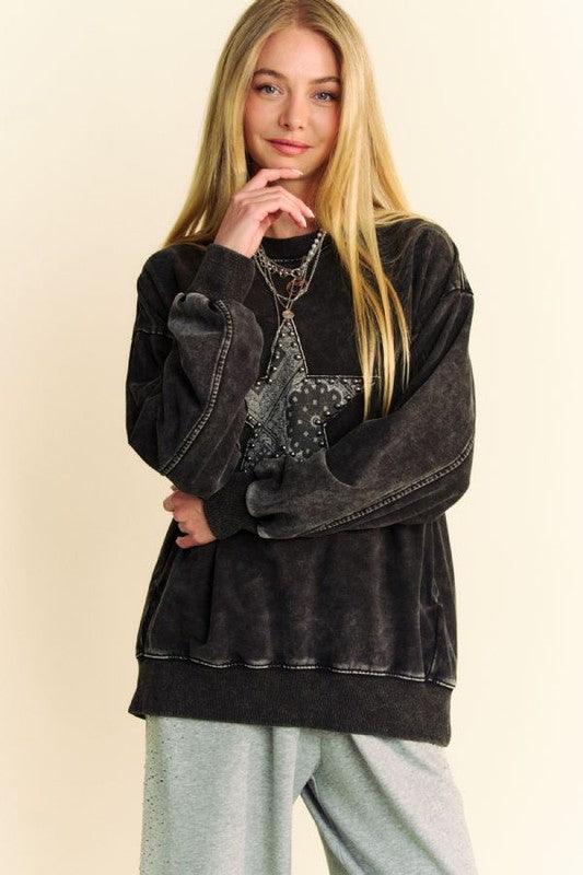 Davi & Dani Stud Star Patch Black Acid Washed Sweatshirt | Sweatshirts Daverri Fashions