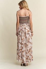 ADORA Smocked Printed Square Neck Tie Shoulder Cami Dress | Daverri Fashions
